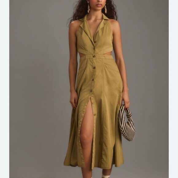 Anthropologie Pilcro Olive Green Halter Button Up Cutout Midi Dress NWT Size 4 - Picture 1 of 8